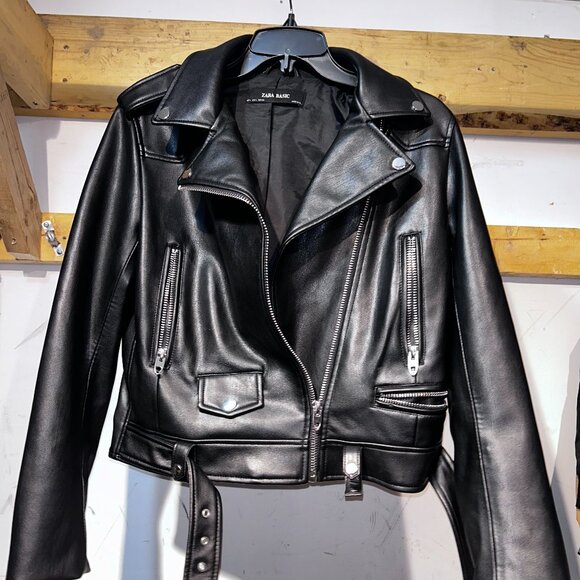 Zara Women's Motorcycle Leather Jacket Zip-Up Large - Picture 1 of 9